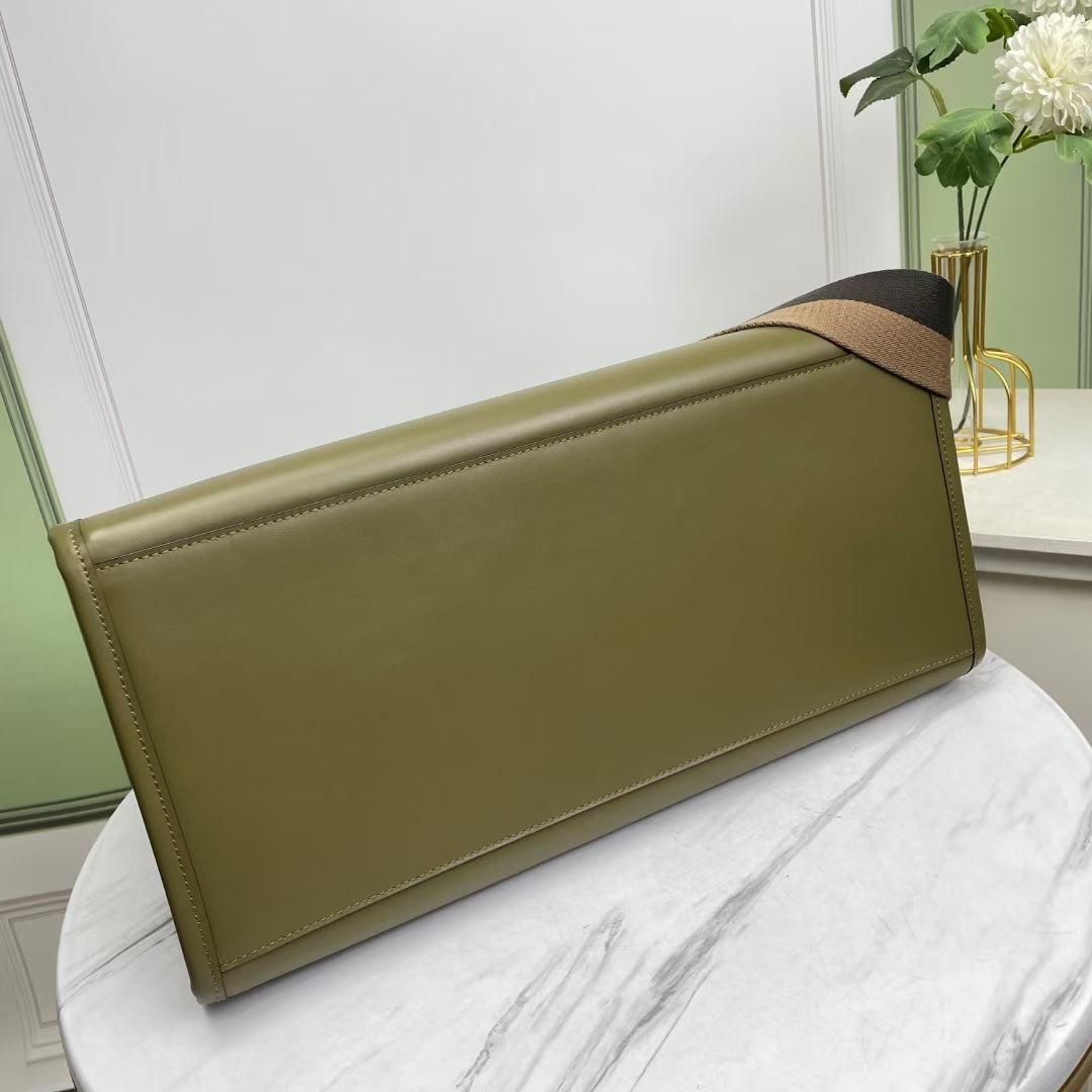 Fendi Sunshine Large Tote Bag - Olive Green Leather with Tortoiseshell Handles