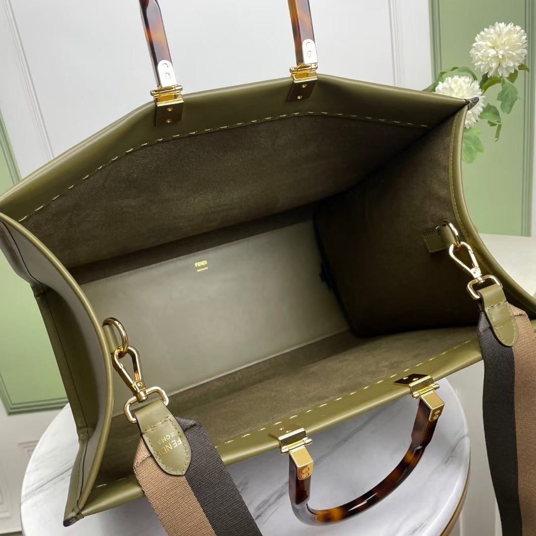 Fendi Sunshine Large Tote Bag - Olive Green Leather with Tortoiseshell Handles