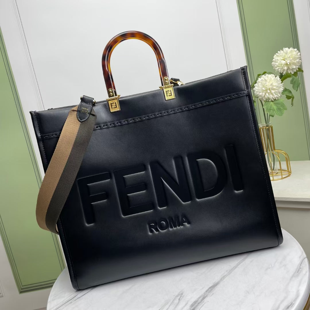 Fendi Sunshine Large Black Leather Tote Bag