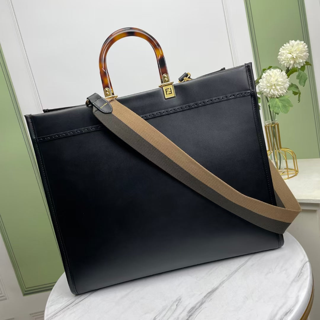 Fendi Sunshine Large Black Leather Tote Bag