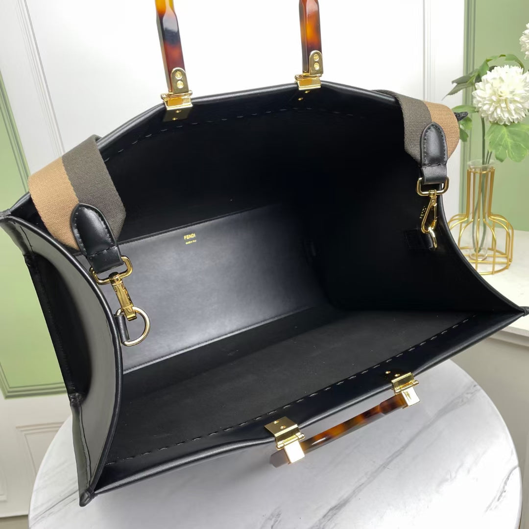 Fendi Sunshine Large Black Leather Tote Bag
