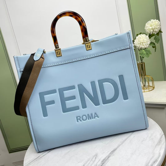 Fendi Sunshine Medium Tote Bag - Light Blue Leather with Tortoiseshell Handles