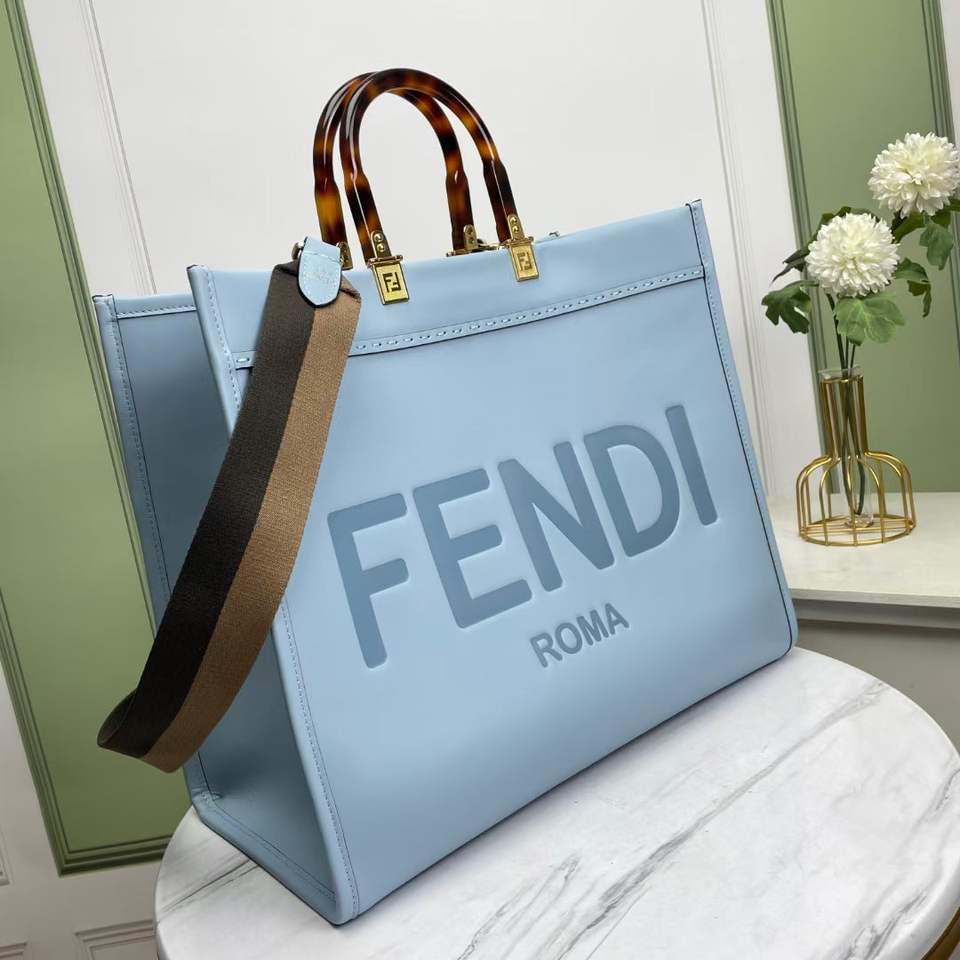 Fendi Sunshine Medium Tote Bag - Light Blue Leather with Tortoiseshell Handles