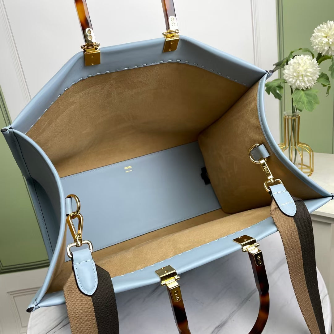 Fendi Sunshine Medium Tote Bag - Light Blue Leather with Tortoiseshell Handles