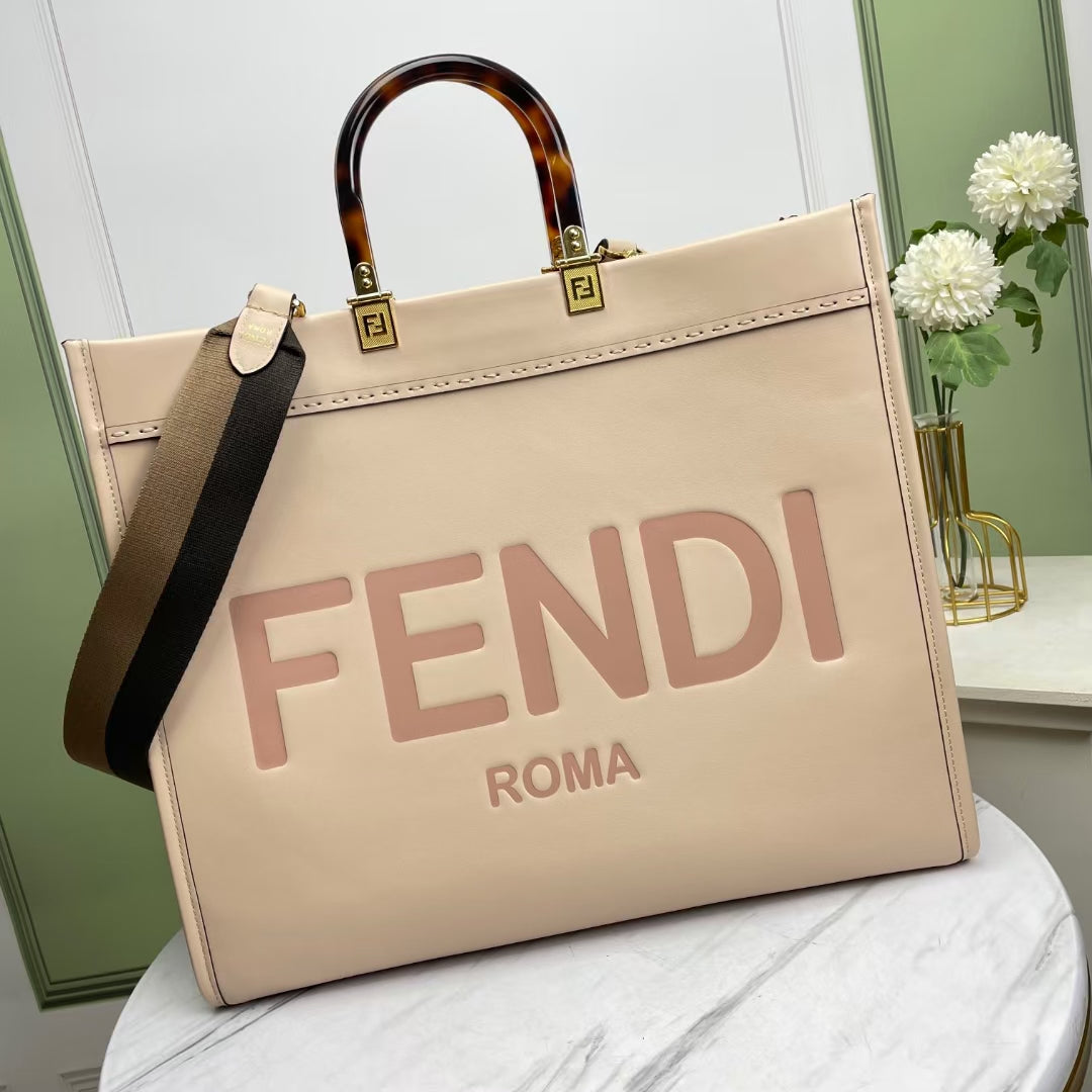 Fendi Large Sunshine Shopper Tote Bag in Beige Canvas with FENDI ROMA Logo