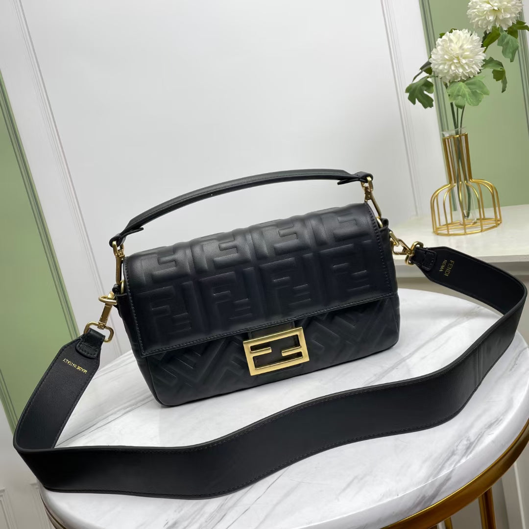 Fendi Baguette Black Embossed Leather Shoulder Bag with FF Clasp