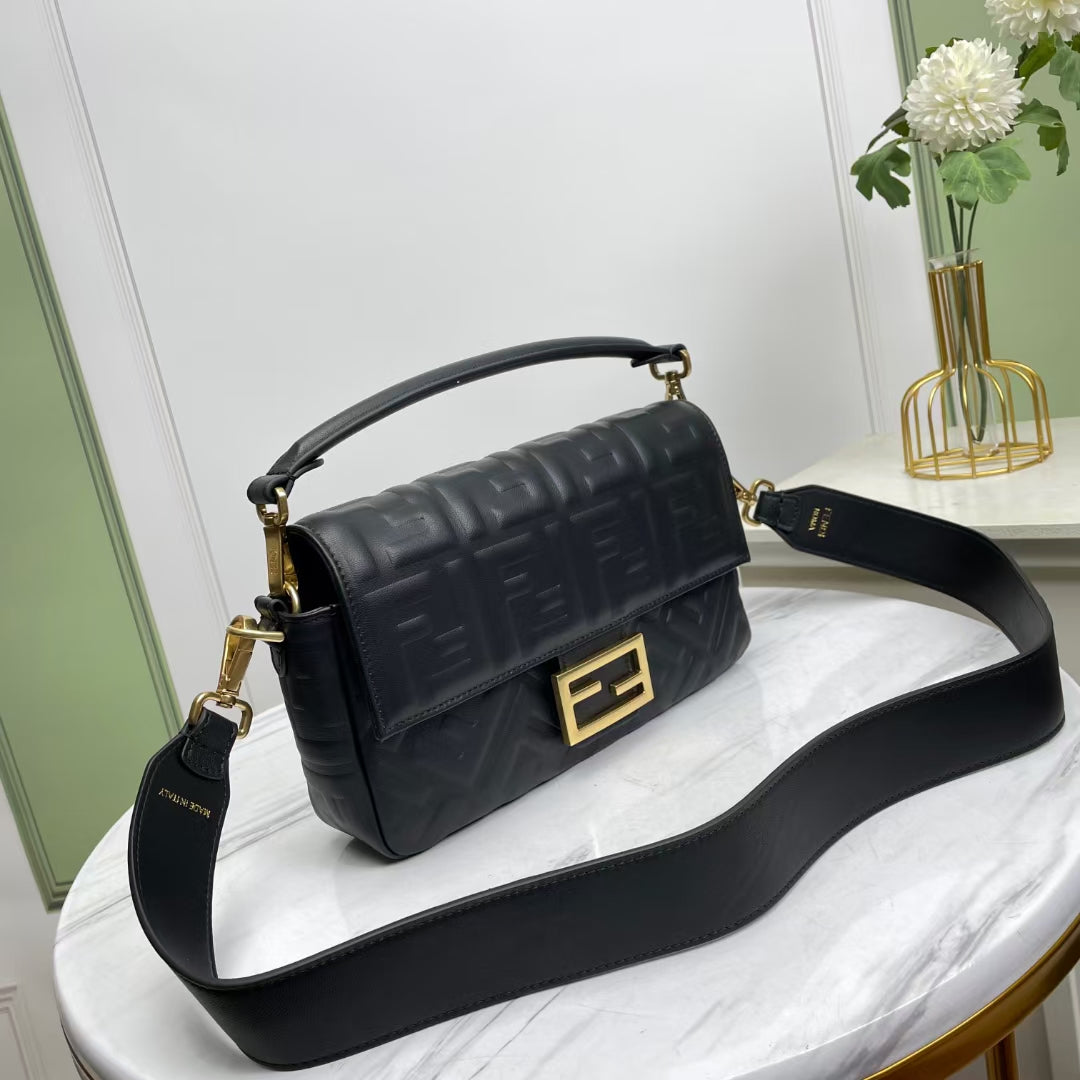 Fendi Baguette Black Embossed Leather Shoulder Bag with FF Clasp