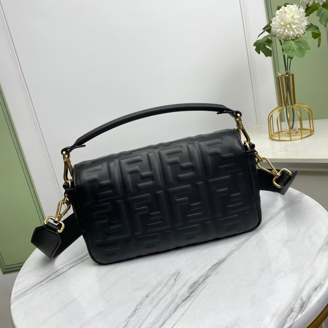 Fendi Baguette Black Embossed Leather Shoulder Bag with FF Logo