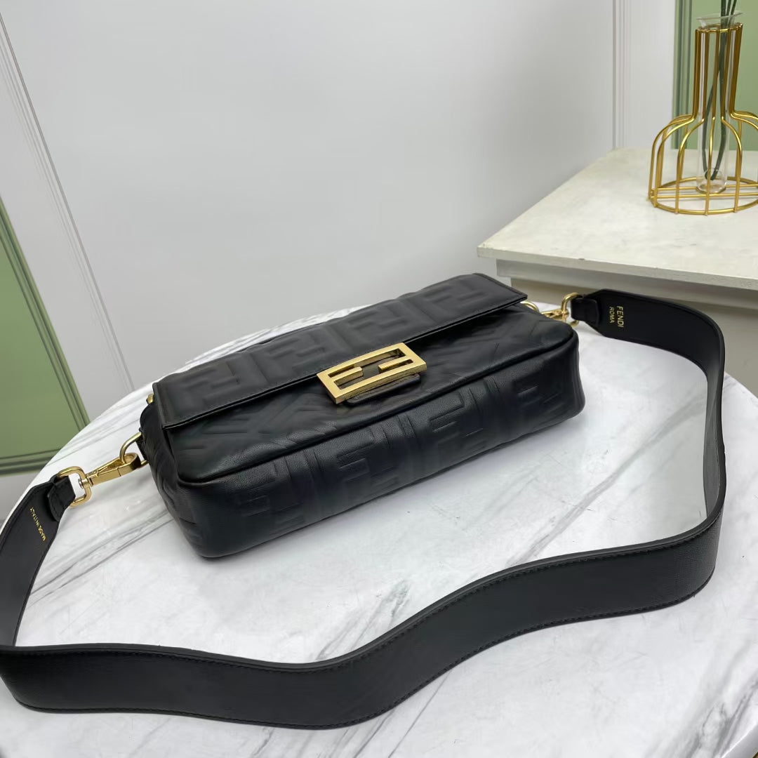 Fendi Baguette Black Embossed Leather Shoulder Bag with FF Clasp