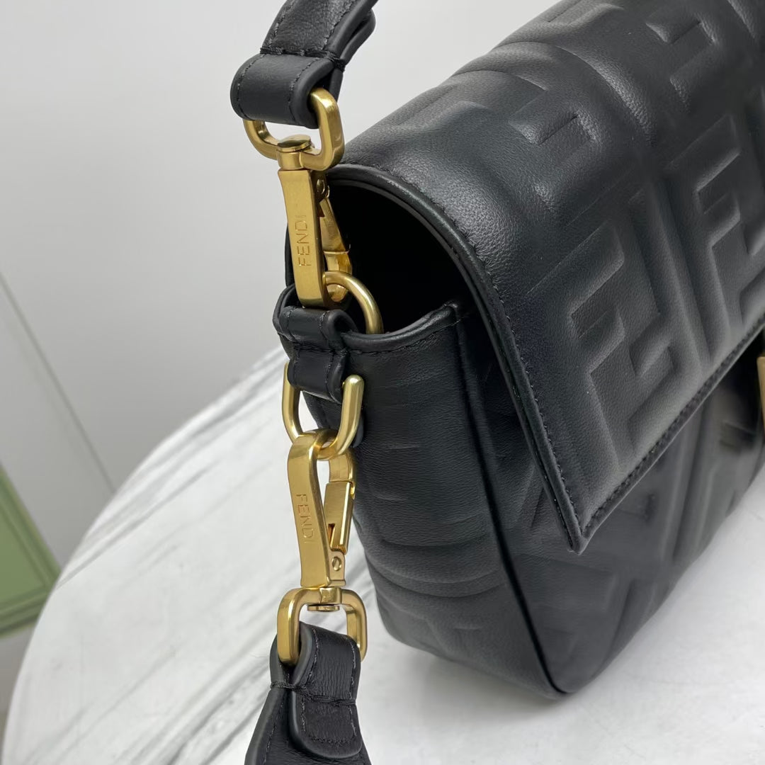 Fendi Baguette Black Embossed Leather Shoulder Bag with FF Logo