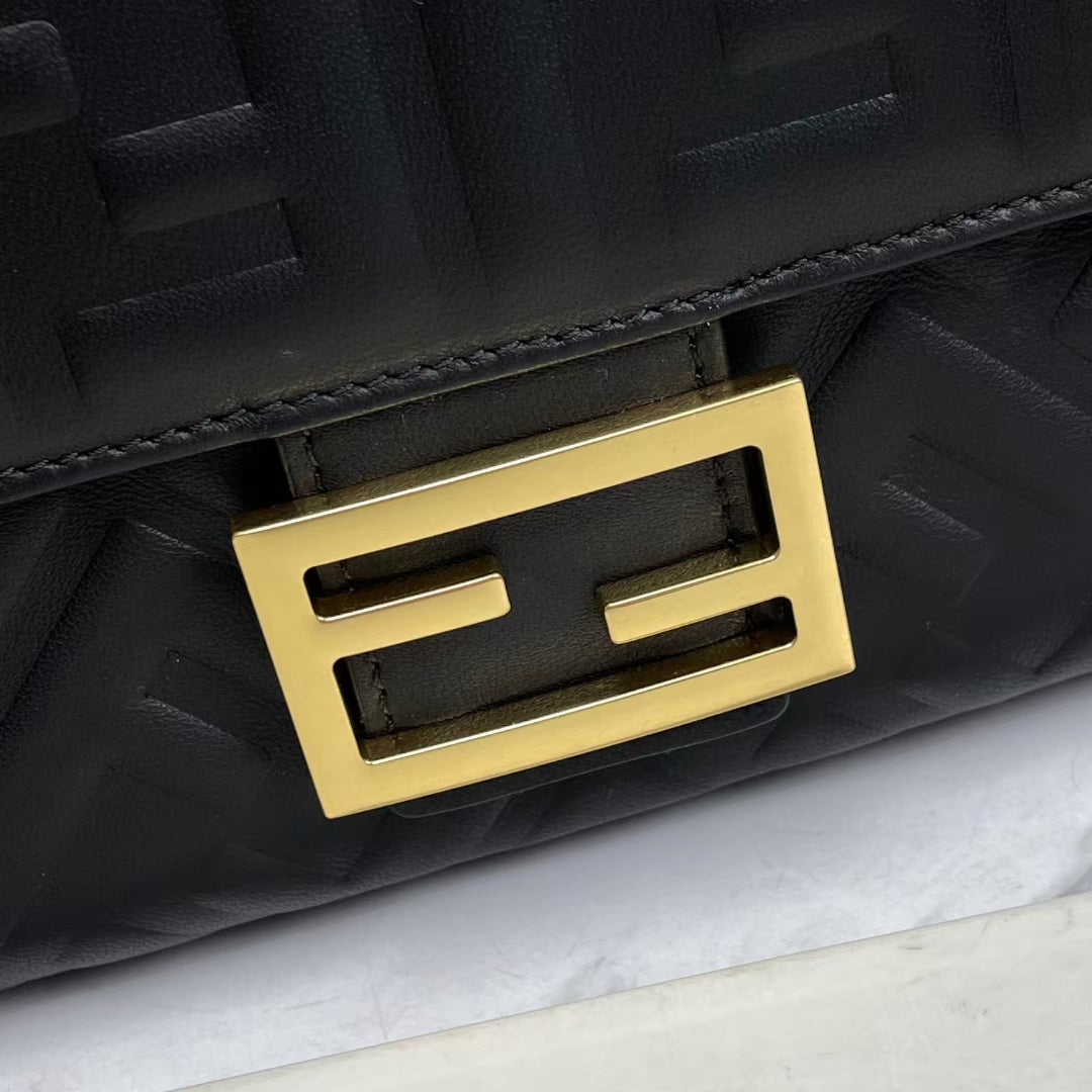 Fendi Baguette Black Embossed Leather Shoulder Bag with FF Clasp