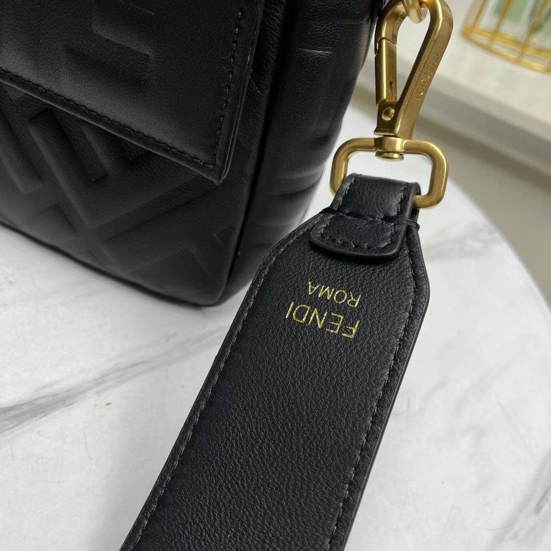 Fendi Baguette Black Embossed Leather Shoulder Bag with FF Clasp