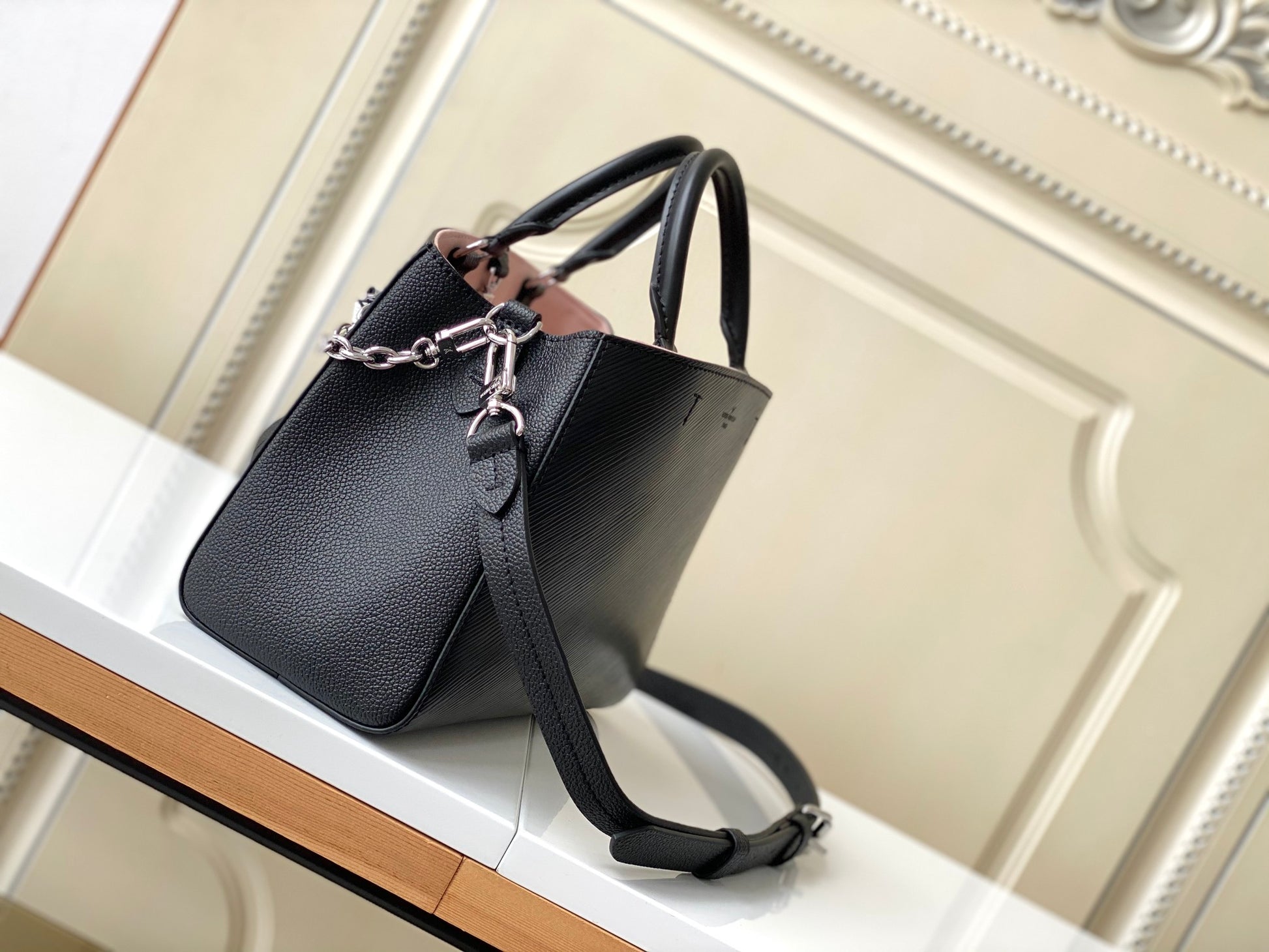 Louis Vuitton Black Leather Top Handle Bag with Monogram Front Pocket