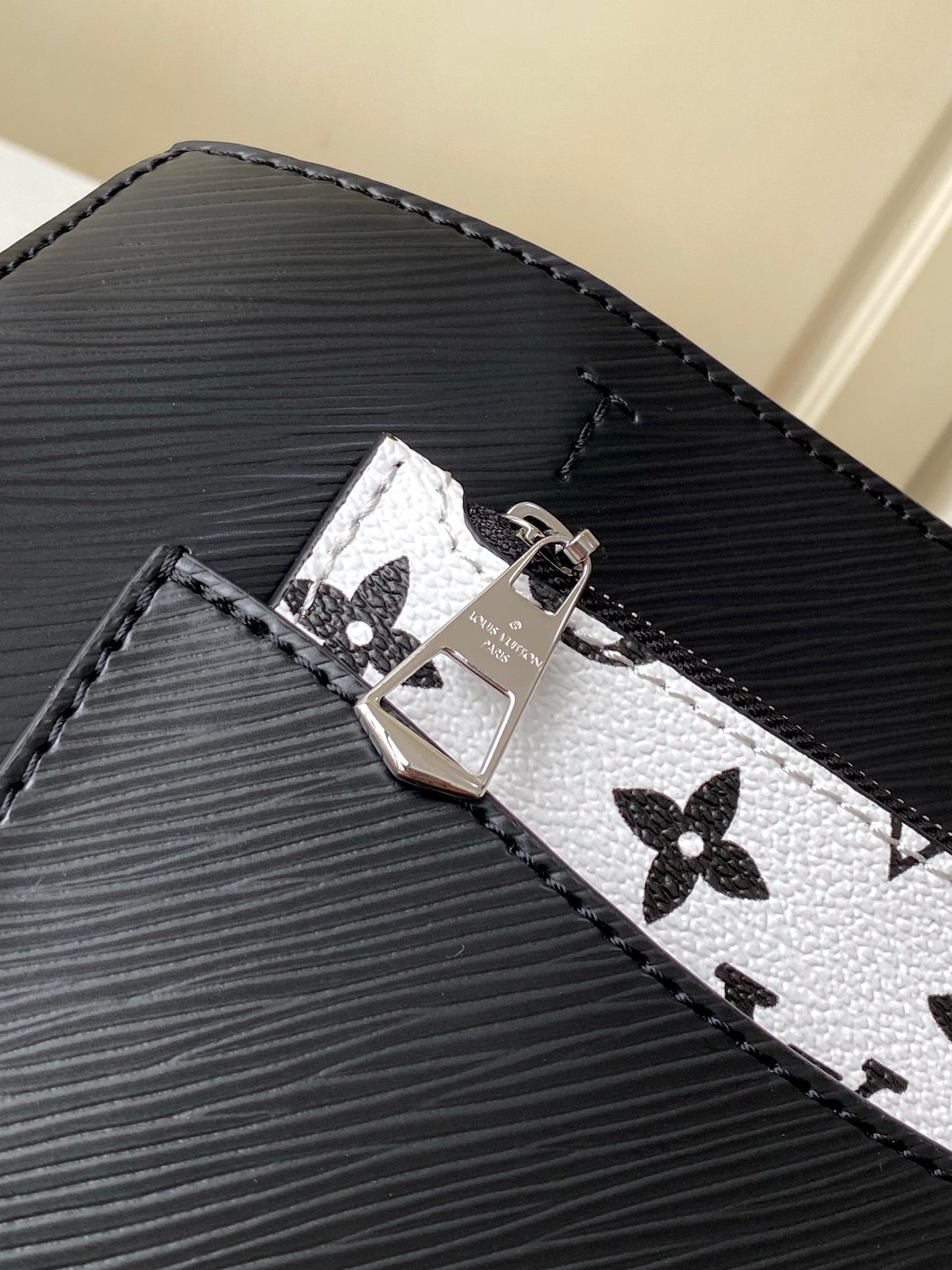 Louis Vuitton Black Leather Top Handle Bag with Monogram Front Pocket
