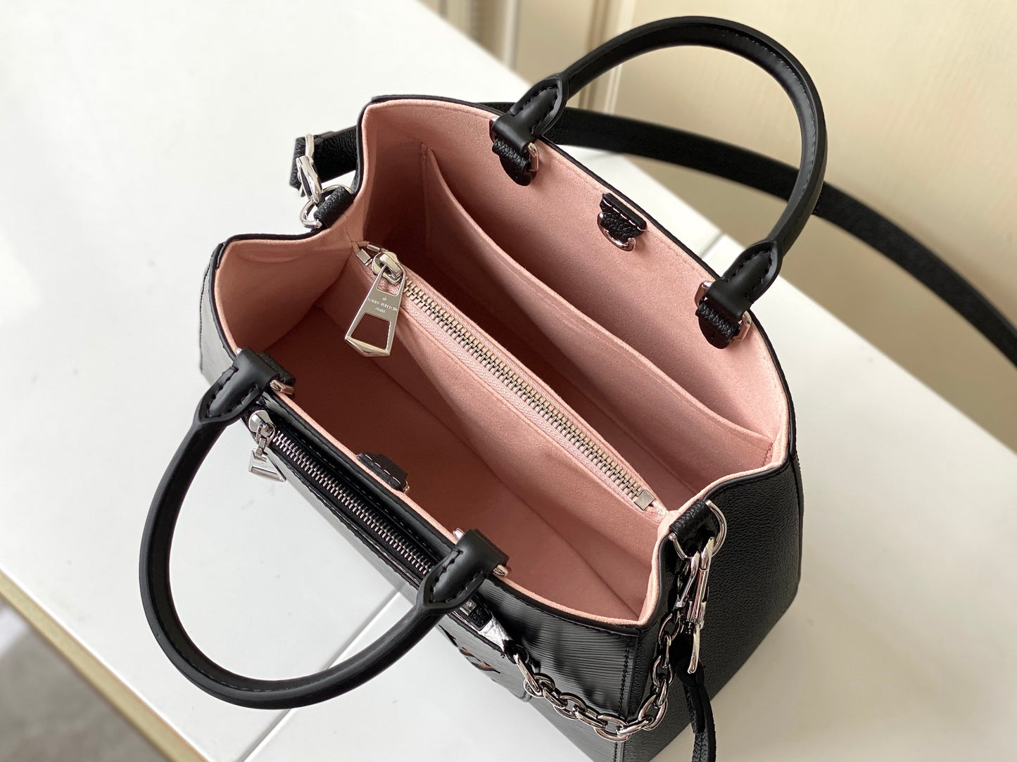 Louis Vuitton Black Leather Top Handle Bag with Monogram Front Pocket