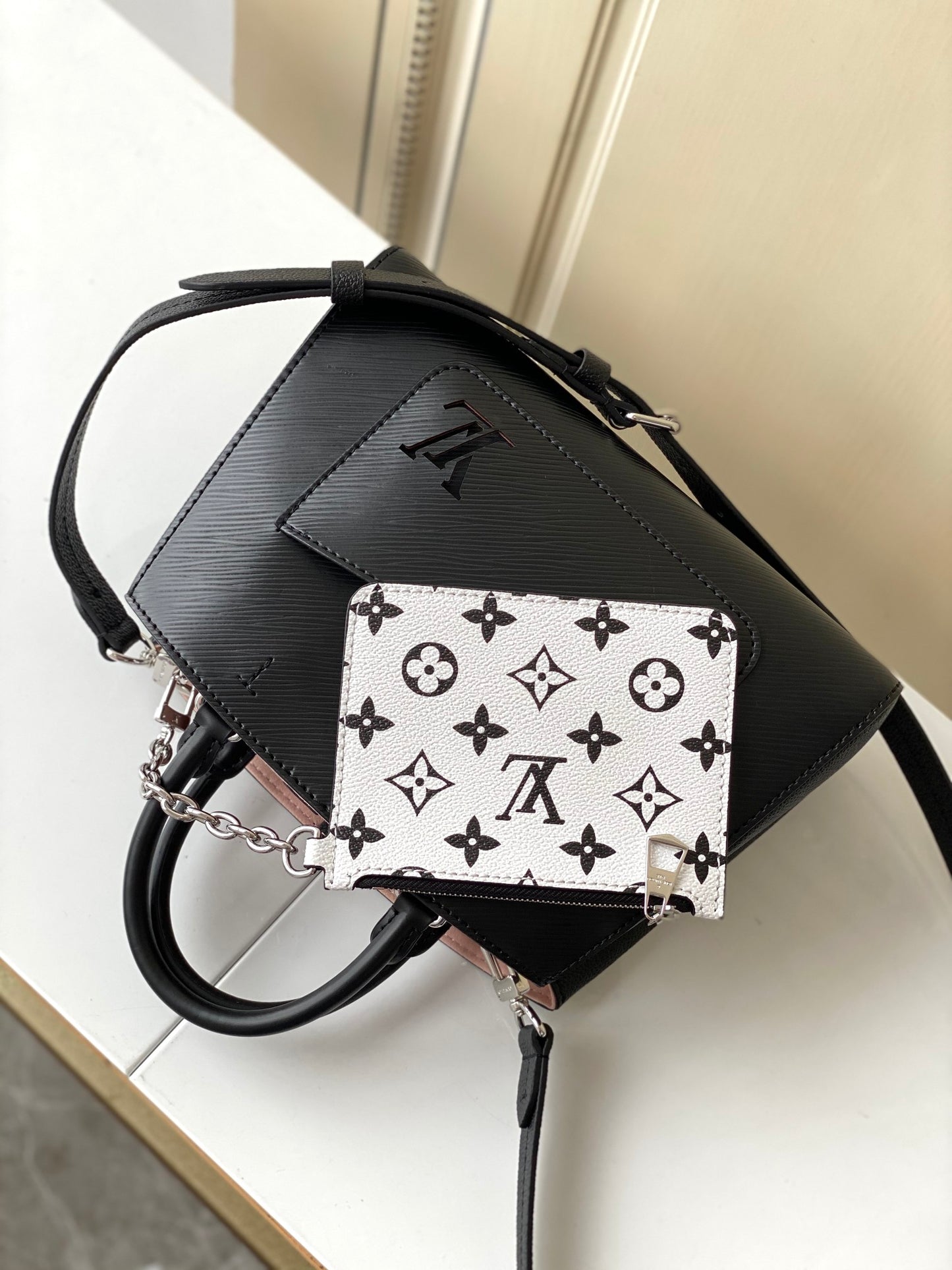 Louis Vuitton Black Leather Top Handle Bag with Monogram Front Pocket
