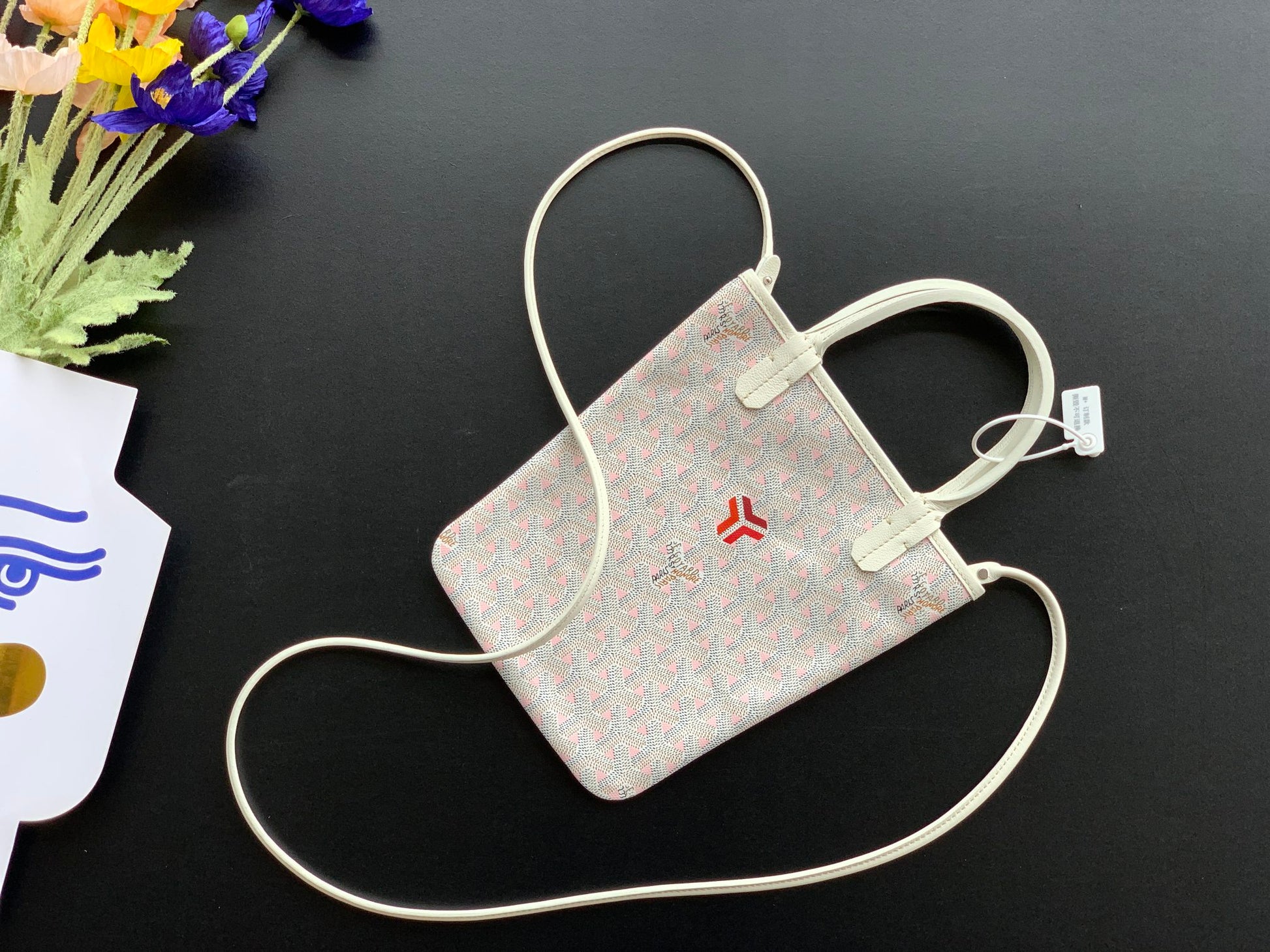 Gogy Small Off-White Canvas Mini Tote Crossbody Bag with Red Logo