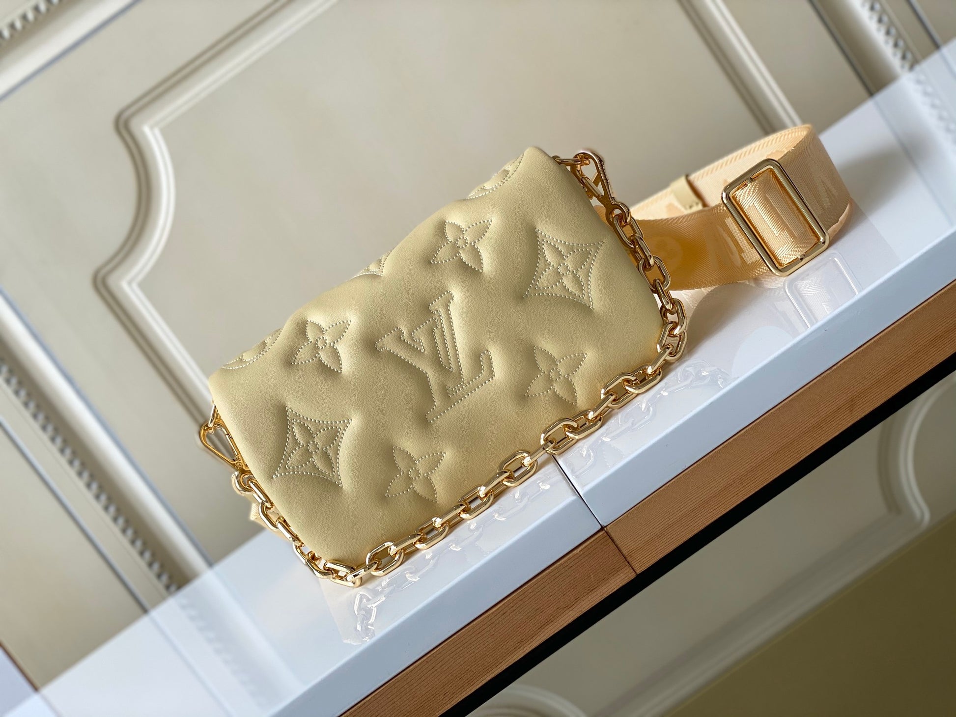 Women's Quilted Mini Crossbody Bag with Wide Shoulder Strap and Gold Chain Handle - Cream
