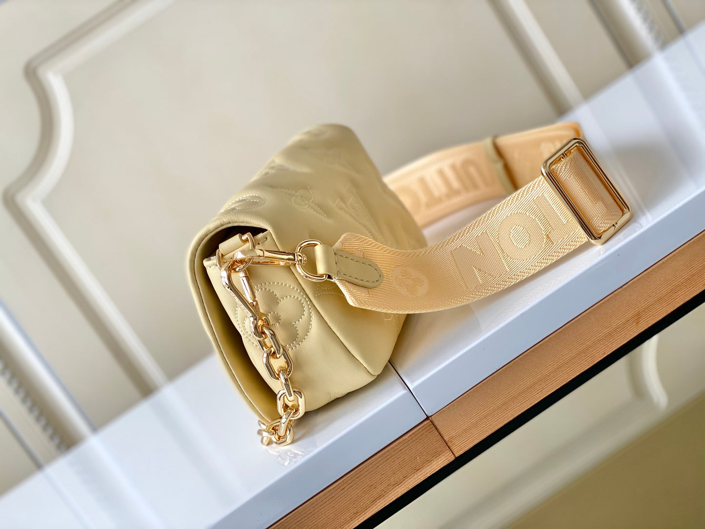 Women's Quilted Mini Crossbody Bag with Wide Shoulder Strap and Gold Chain Handle - Cream
