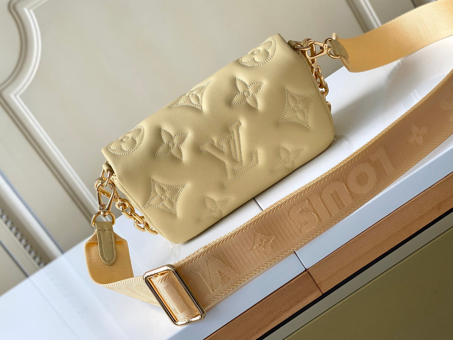 Women's Quilted Mini Crossbody Bag with Wide Shoulder Strap and Gold Chain Handle - Cream