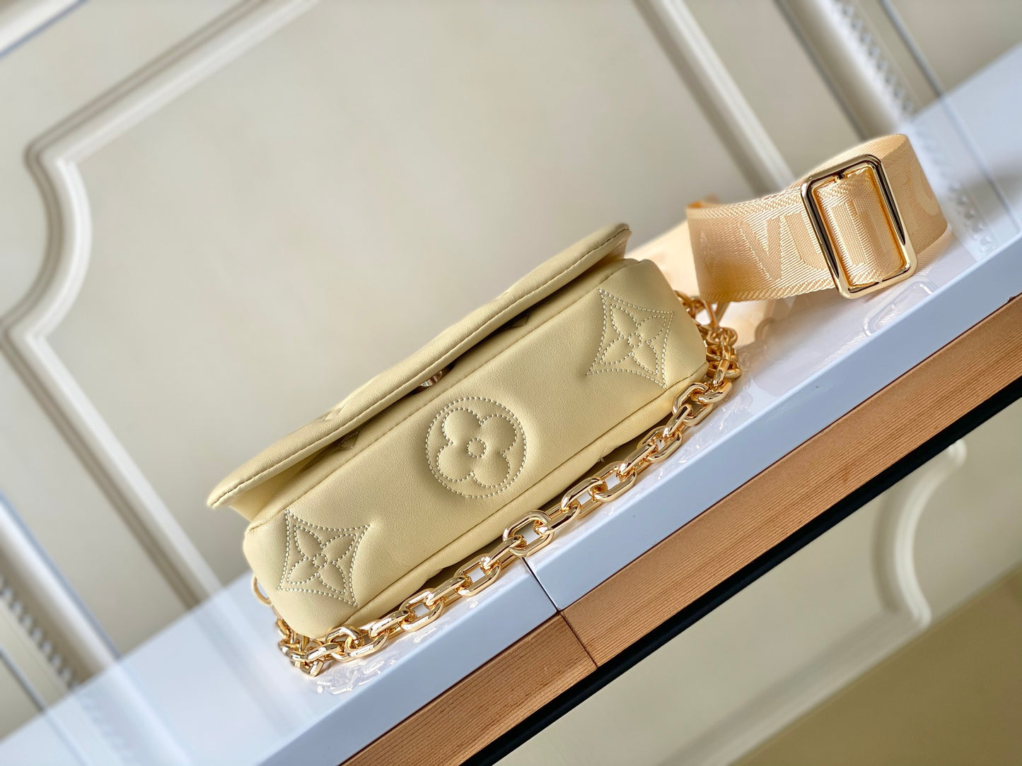 Women's Quilted Mini Crossbody Bag with Wide Shoulder Strap and Gold Chain Handle - Cream