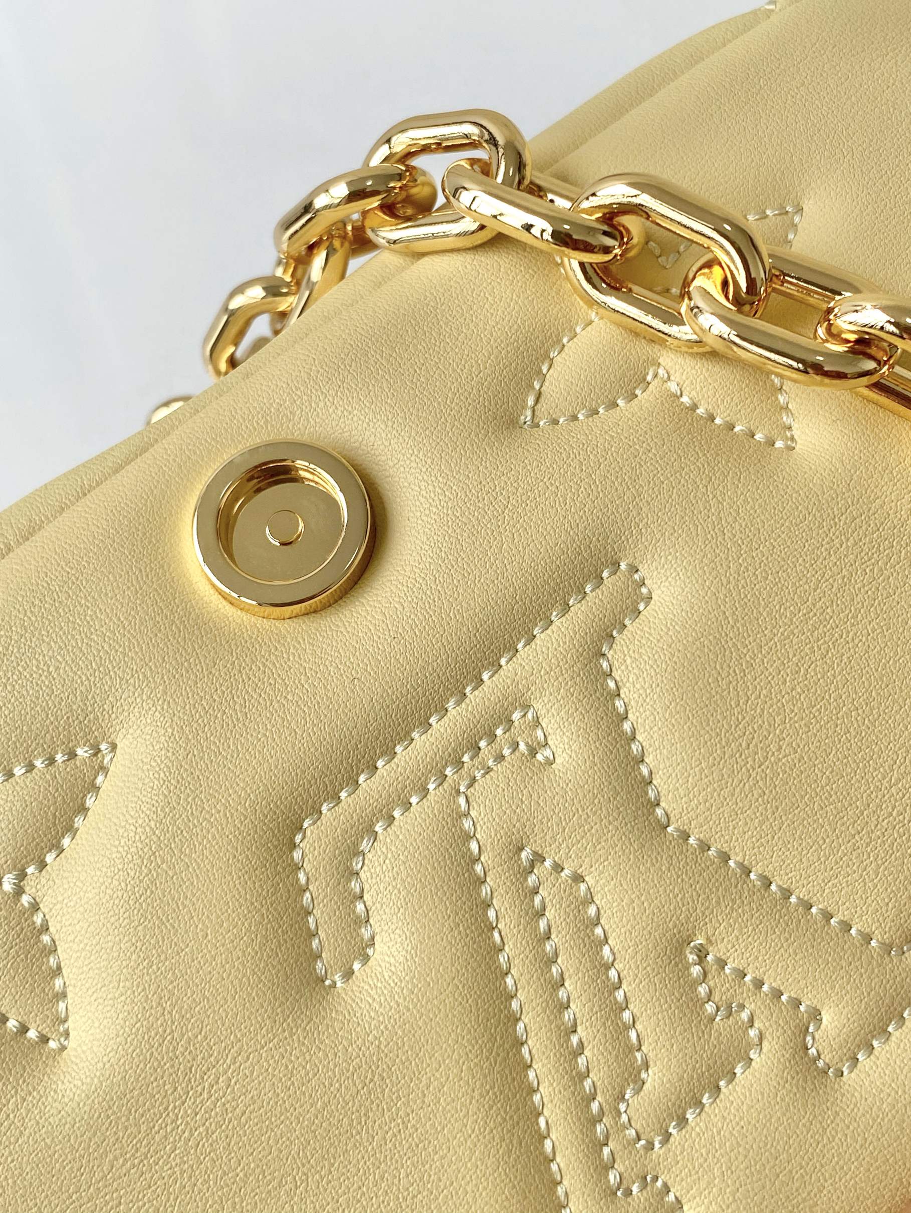 Women's Quilted Mini Crossbody Bag with Wide Shoulder Strap and Gold Chain Handle - Cream