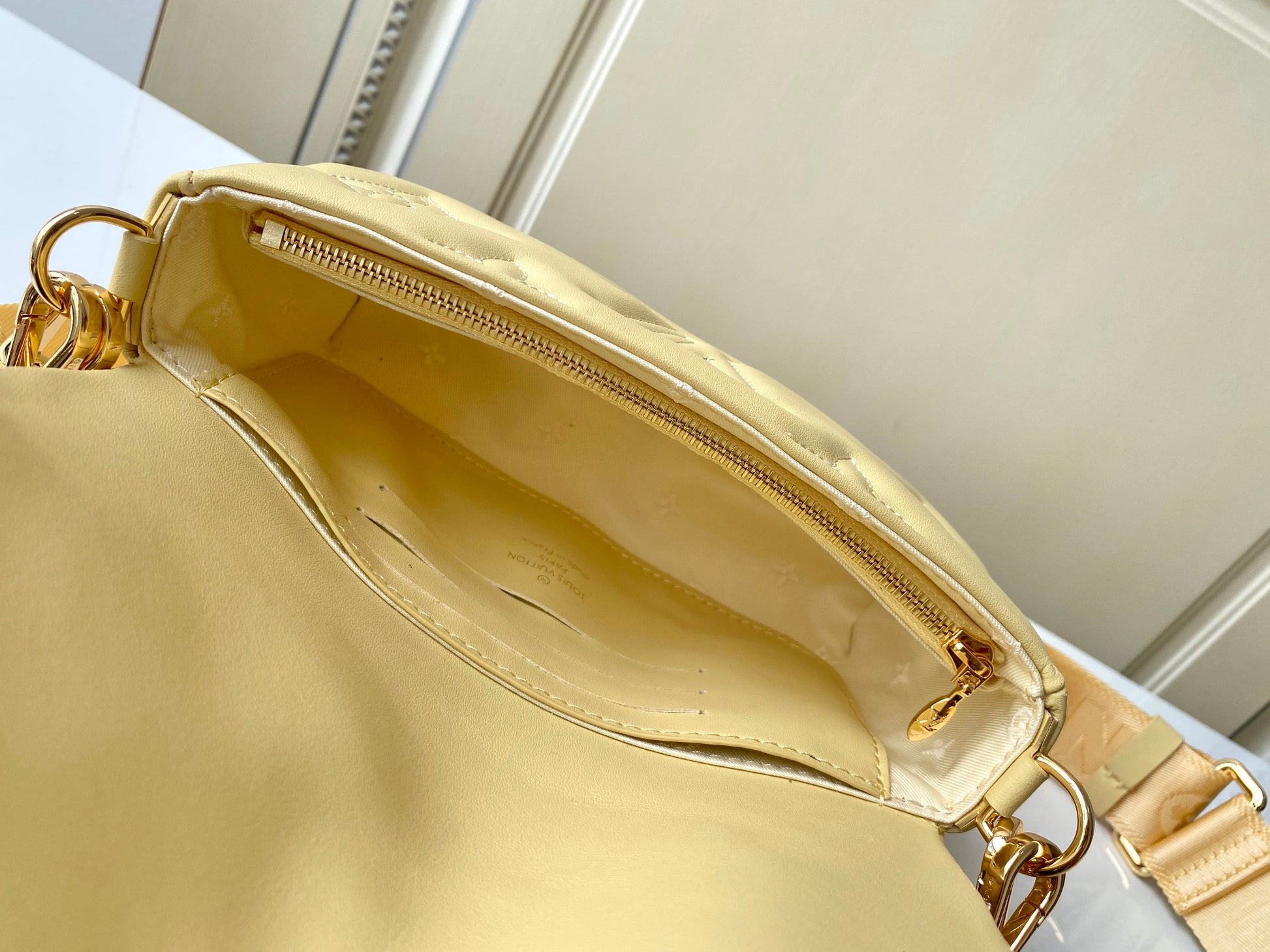 Women's Quilted Mini Crossbody Bag with Wide Shoulder Strap and Gold Chain Handle - Cream