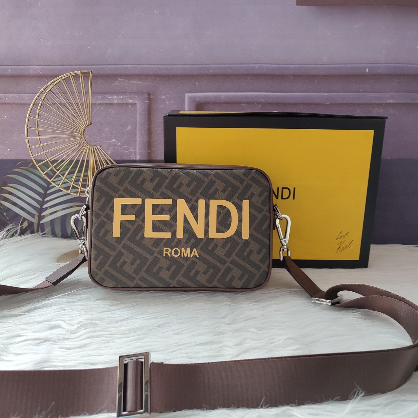 Fendi FF Monogram Camera Case Bag with Yellow Logo - Brown