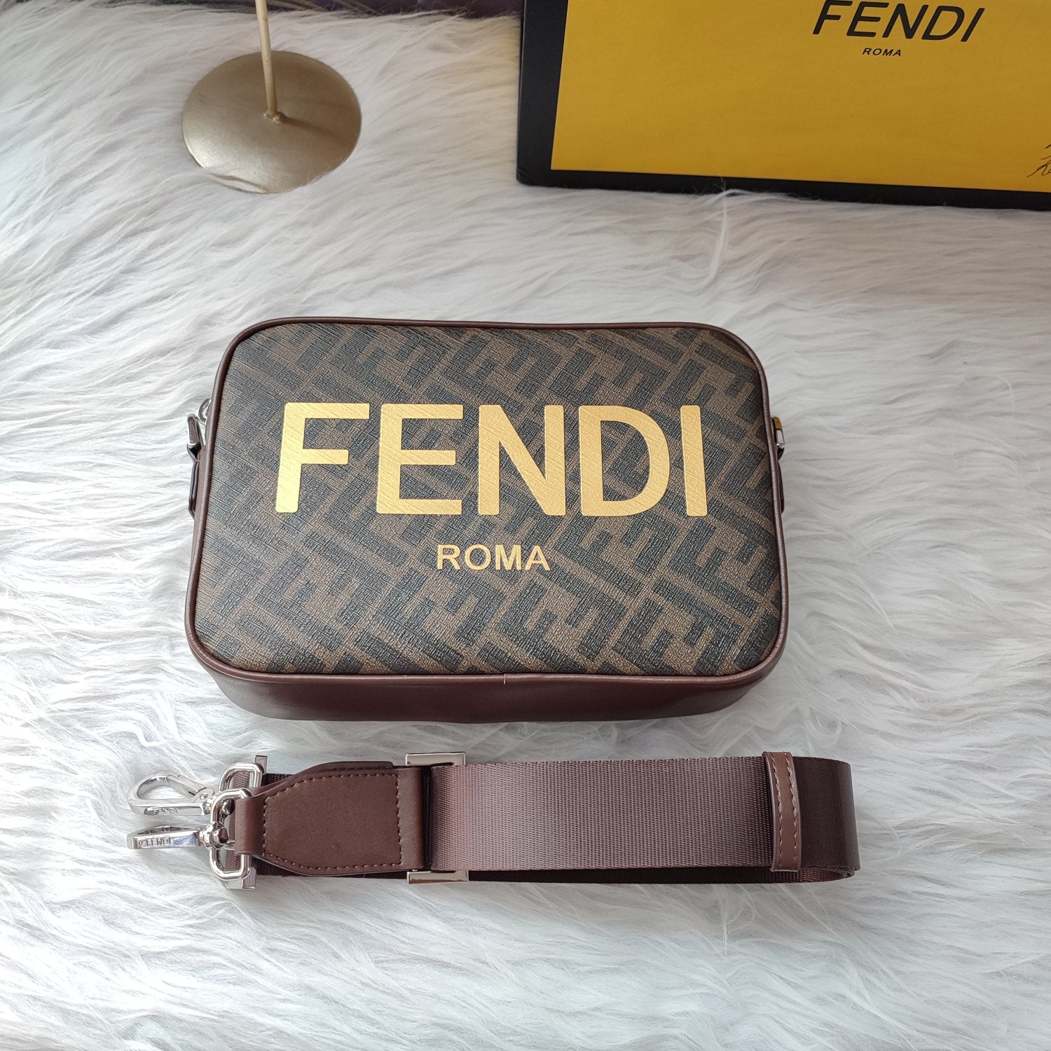 Fendi FF Monogram Camera Case Bag with Yellow Logo - Brown