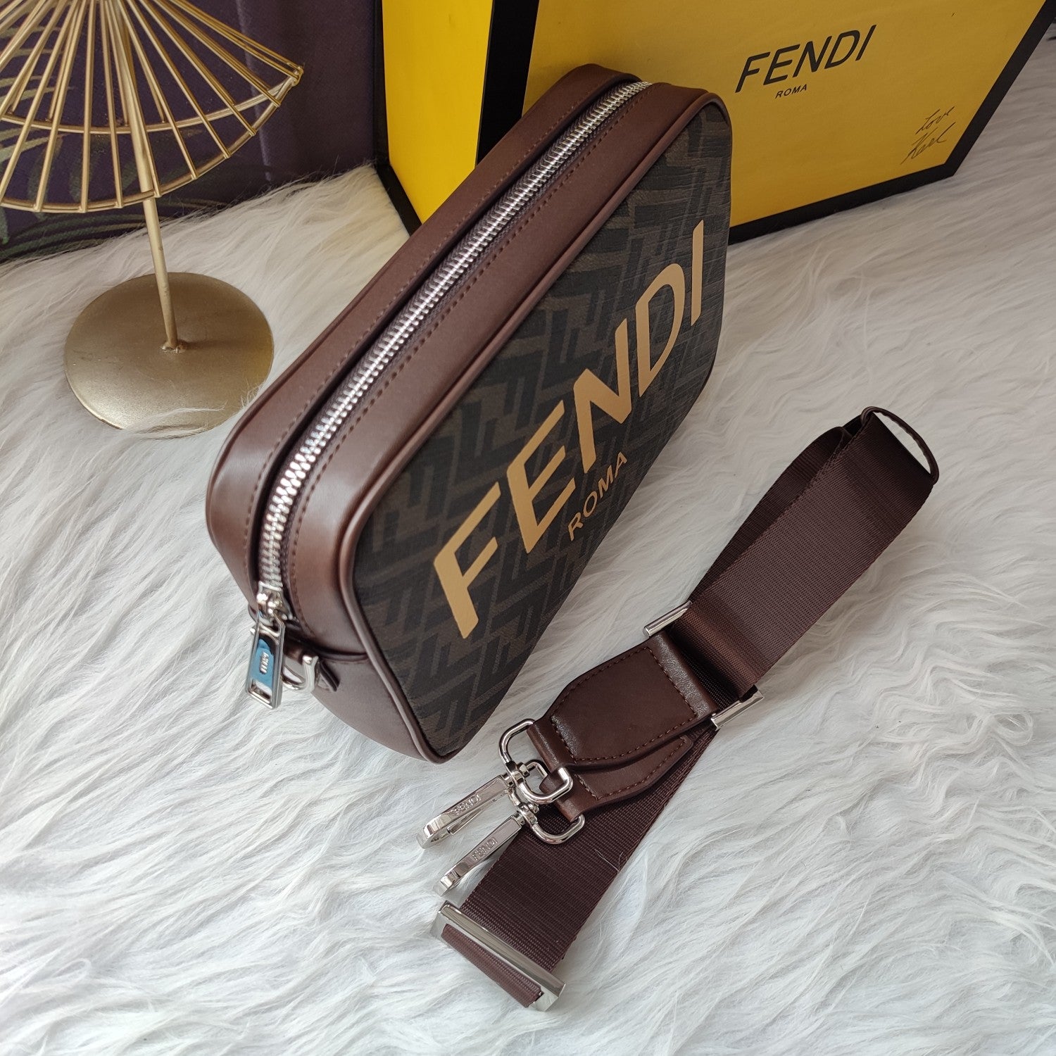 Fendi FF Monogram Camera Case Bag with Yellow Logo - Brown