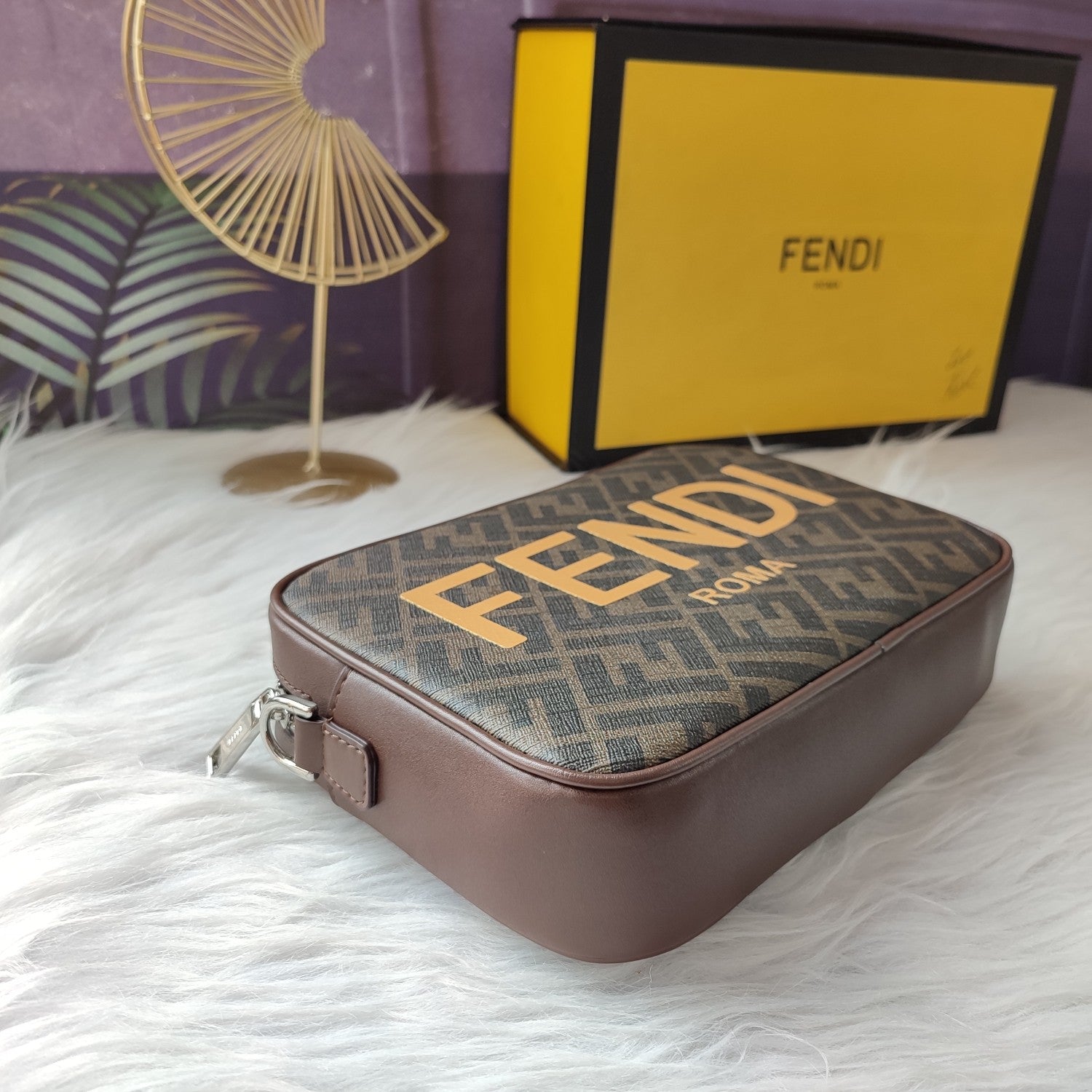 Fendi FF Monogram Camera Case Bag with Yellow Logo - Brown
