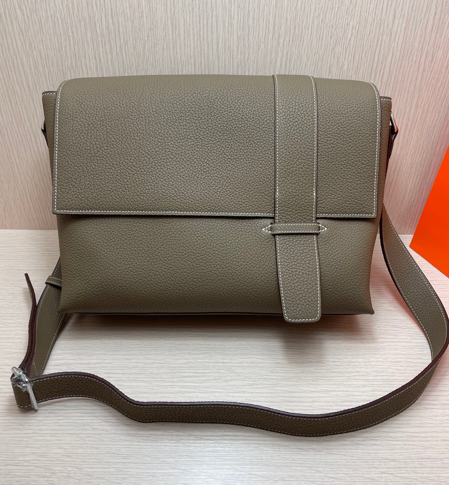 Luxury Taupe Pebbled Leather Messenger Bag with Adjustable Strap