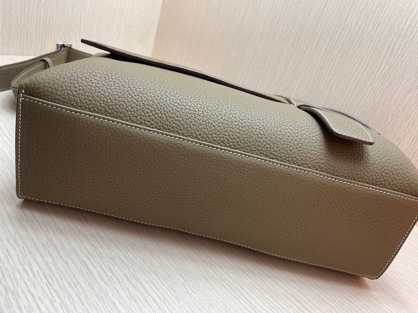 Luxury Taupe Pebbled Leather Messenger Bag with Adjustable Strap