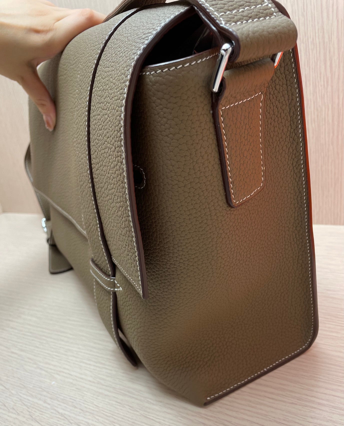 Luxury Taupe Pebbled Leather Messenger Bag with Adjustable Strap