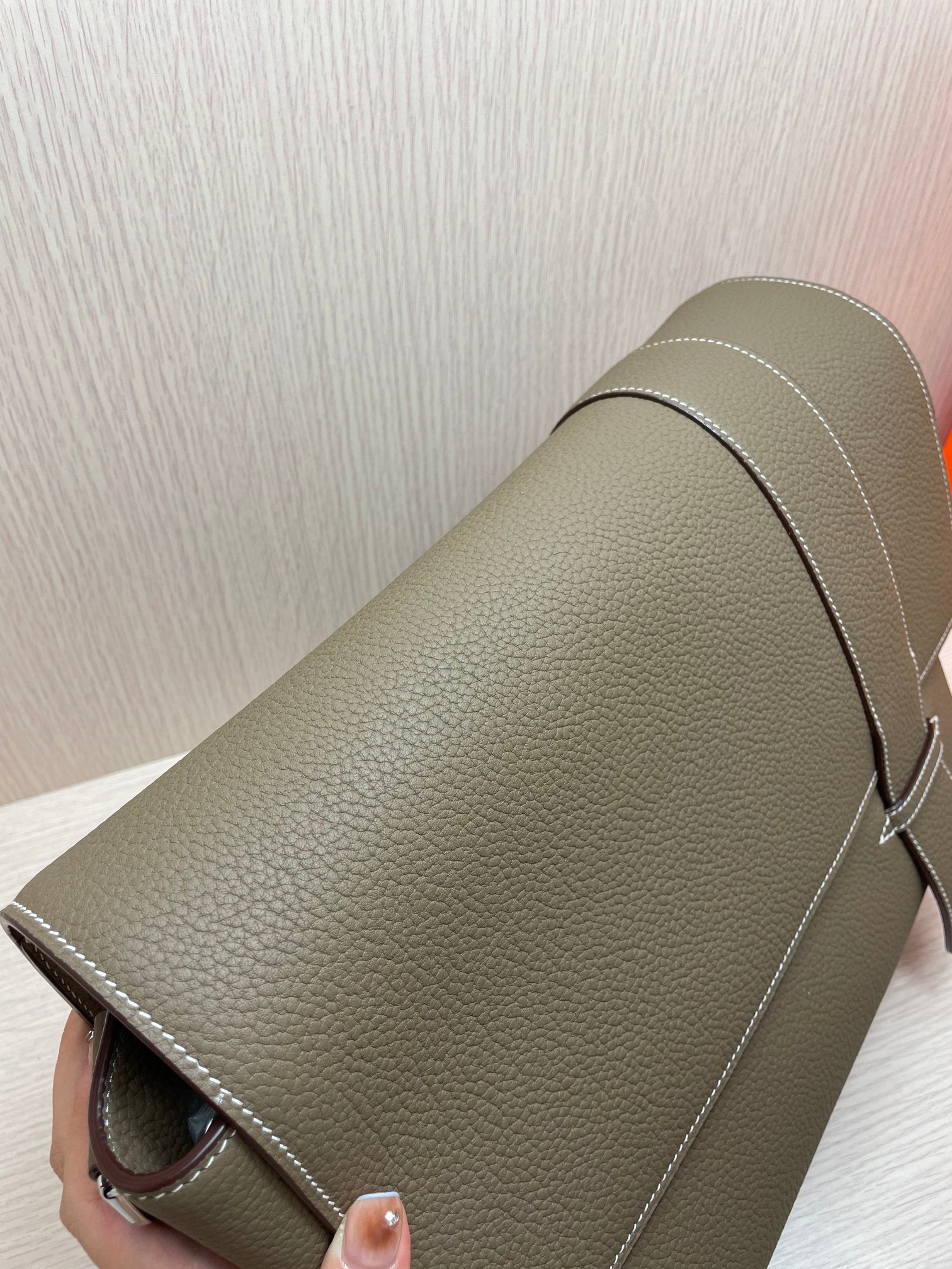 Luxury Taupe Pebbled Leather Messenger Bag with Adjustable Strap