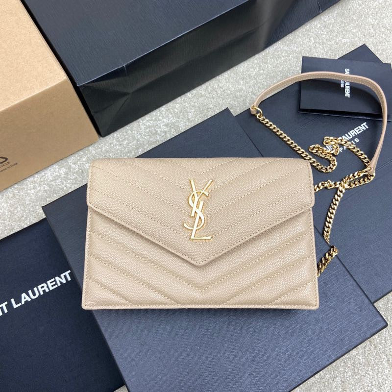 Saint Laurent Cassandre Matelassé Chain Wallet in Quilted Leather - Beige