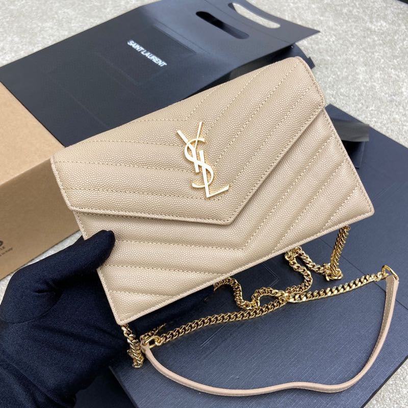 Saint Laurent Cassandre Matelassé Chain Wallet in Quilted Leather - Beige