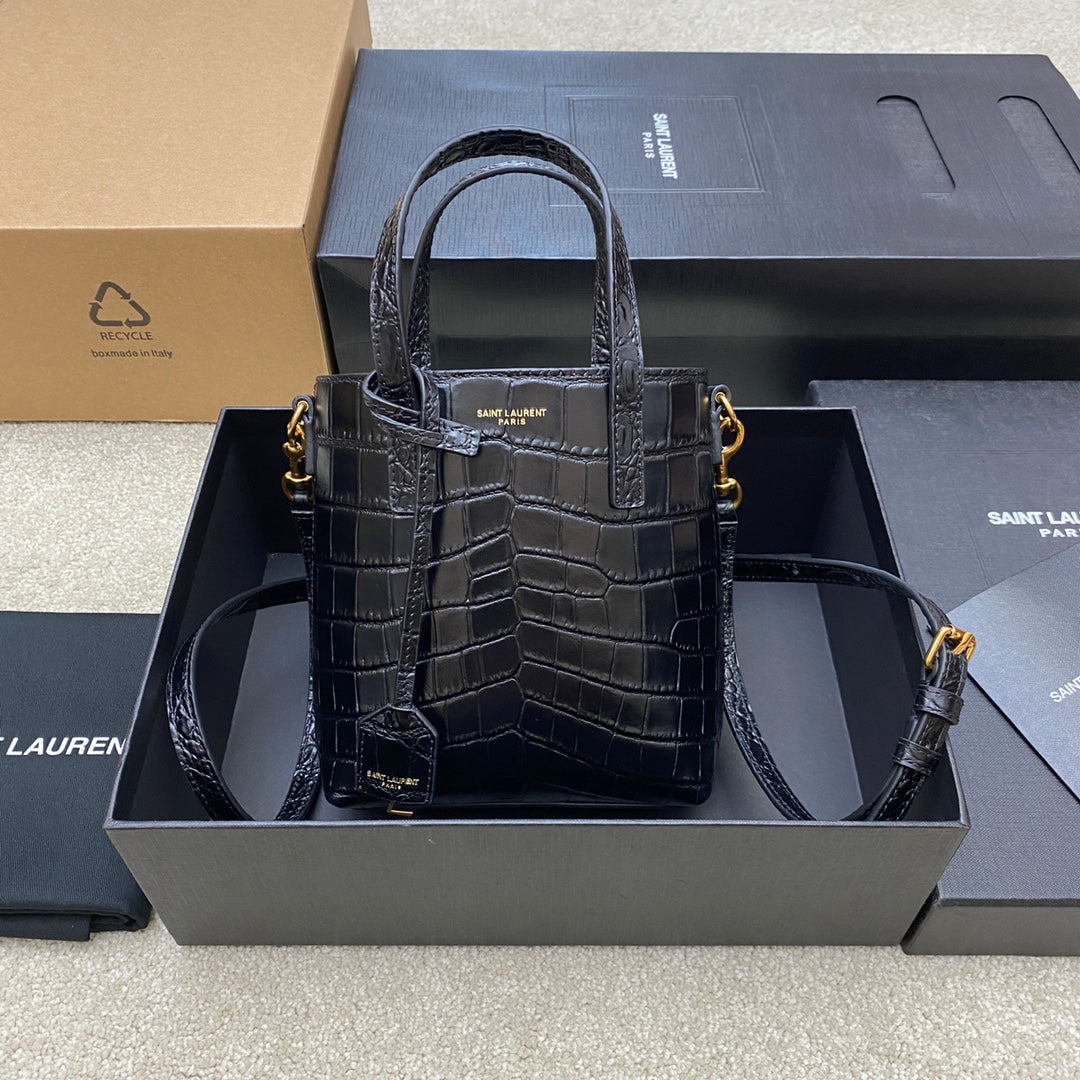 Saint Laurent Toy North/South Tote Bag in Crocodile-Embossed Leather - Black