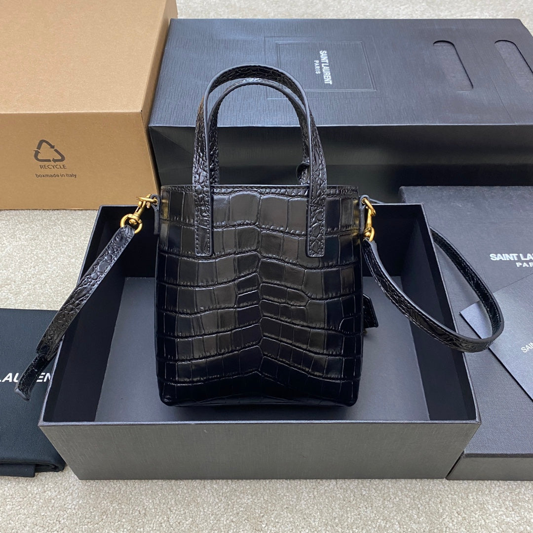 Saint Laurent Toy North/South Tote Bag in Crocodile-Embossed Leather - Black