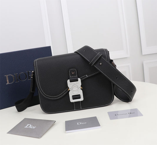 Christian Dior Black Grained Calfskin Lingot Messenger Bag with Contrast Stitching