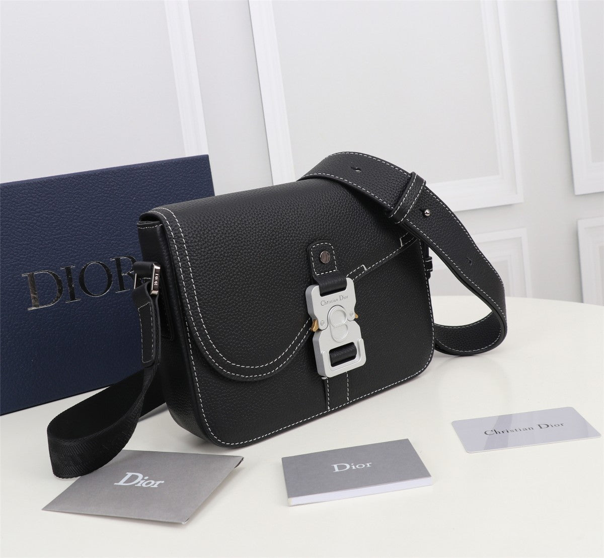 Christian Dior Black Grained Calfskin Lingot Messenger Bag with Contrast Stitching
