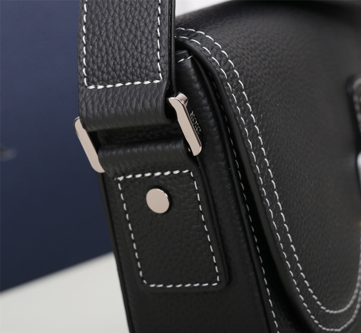 Christian Dior Black Grained Calfskin Lingot Messenger Bag with Contrast Stitching