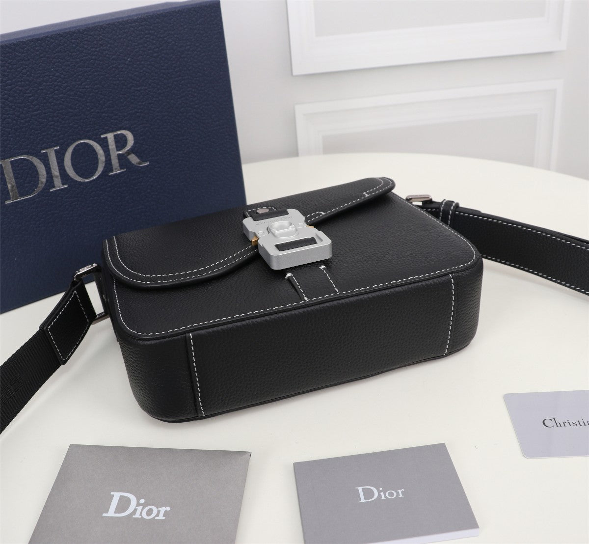 Christian Dior Black Grained Calfskin Lingot Messenger Bag with Contrast Stitching