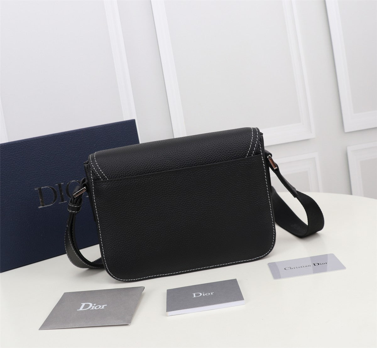 Christian Dior Black Grained Calfskin Lingot Messenger Bag with Contrast Stitching