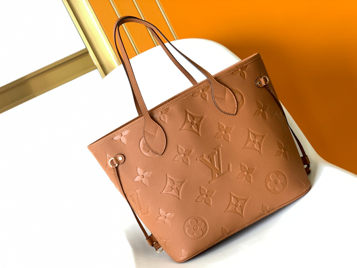 Brown Floral Embossed Leather Tote Bag with Side Drawstrings