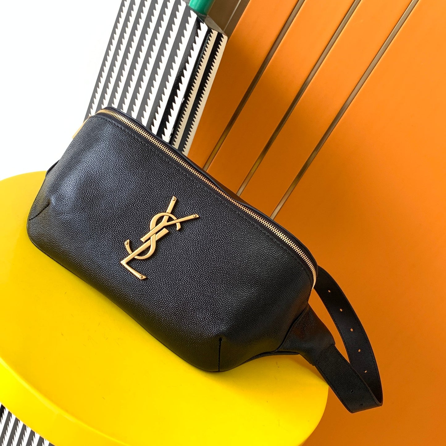 Saint Laurent Monogram Black Leather Belt Bag with Gold Hardware