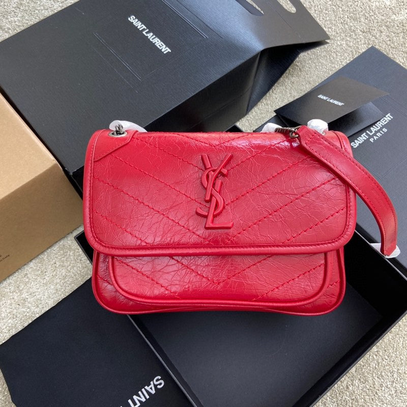 Saint Laurent Niki Baby Shoulder Bag in Red Crinkled Vintage Leather
