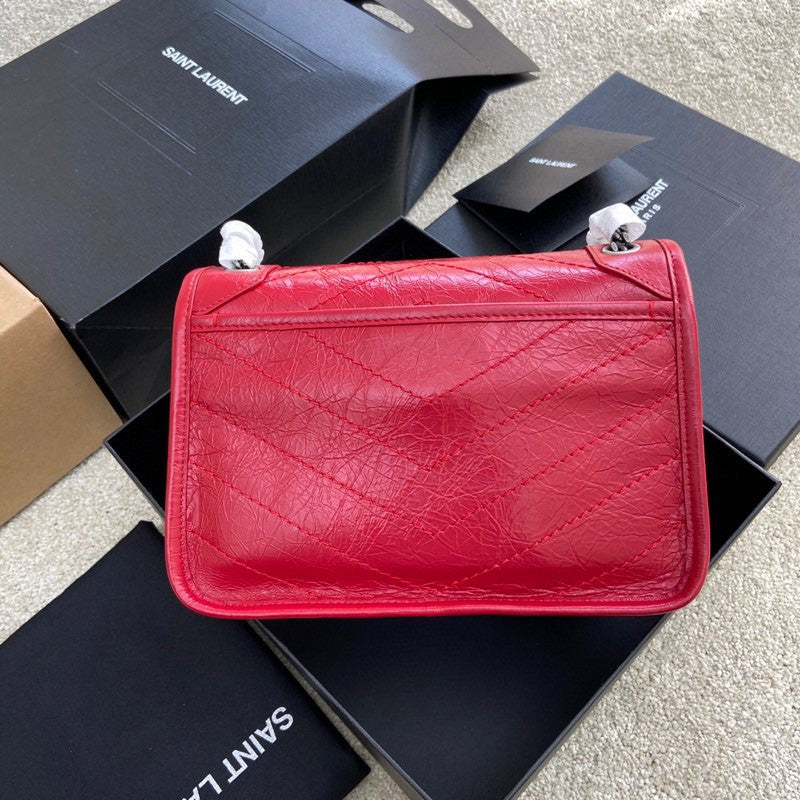 Saint Laurent Niki Baby Shoulder Bag in Red Crinkled Vintage Leather