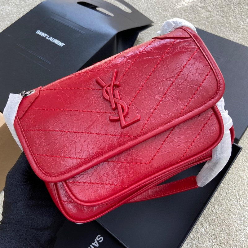 Saint Laurent Niki Baby Shoulder Bag in Red Crinkled Vintage Leather