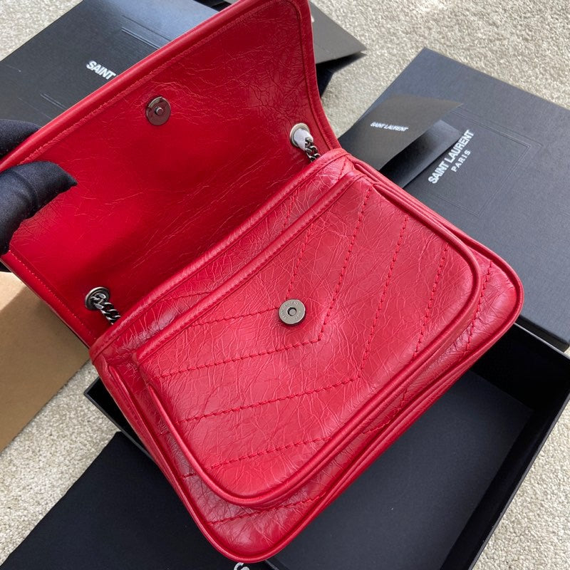 Saint Laurent Niki Baby Shoulder Bag in Red Crinkled Vintage Leather